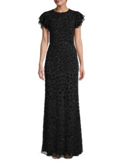 Novelty Floral Embroidery Sequin Column Gown -Cheap Clothing Store 0400013522126 BLACK A1