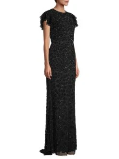 Novelty Floral Embroidery Sequin Column Gown -Cheap Clothing Store 0400013522126 BLACK A2