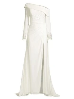 One-Shoulder Jersey Ruched Side Slit Gown