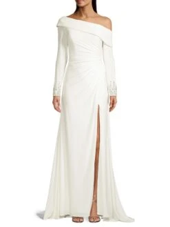 One-Shoulder Jersey Ruched Side Slit Gown -Cheap Clothing Store 0400013522201 WHITE A1