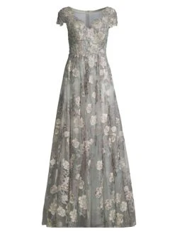 Cap-Sleeve Floral A-Line Gown