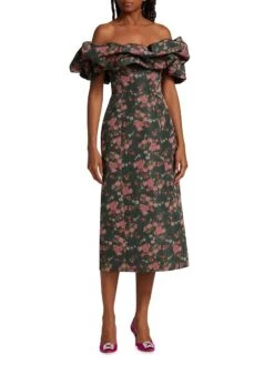 Polly Floral Ikat Off-The-Shoulder Gown -Cheap Clothing Store 0400016692412 BLACKFLORALIKAT A1