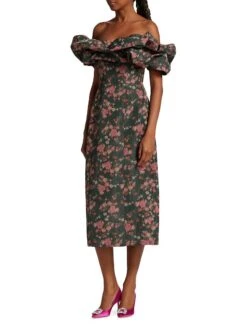 Polly Floral Ikat Off-The-Shoulder Gown -Cheap Clothing Store 0400016692412 BLACKFLORALIKAT A2