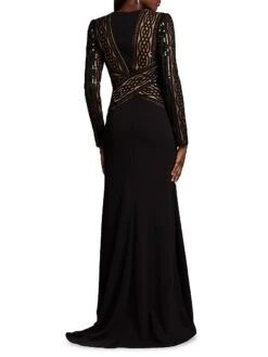 Long-Sleeve Sequin-Embroidered Gown -Cheap Clothing Store 0400016997532 BLACK A2