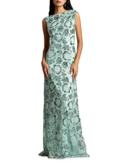 Boat Neck Floral Lace Sequin Gown -Cheap Clothing Store 0400017352880 FROSTEDJADE A1