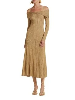 Metallic Off-The-Shoulder Midi-Dress -Cheap Clothing Store 0400017444241 GOLD A1