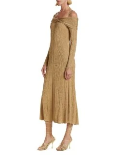 Metallic Off-The-Shoulder Midi-Dress -Cheap Clothing Store 0400017444241 GOLD A2