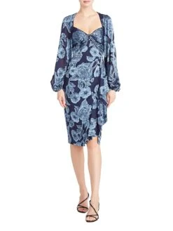 Joslyn Floral Bishop-Sleeve Dress -Cheap Clothing Store 0400017550196 NAUTICALNAVY A1