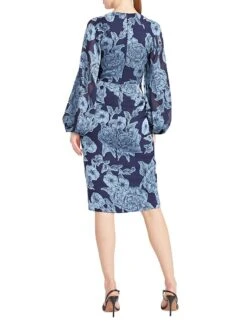 Joslyn Floral Bishop-Sleeve Dress -Cheap Clothing Store 0400017550196 NAUTICALNAVY A3