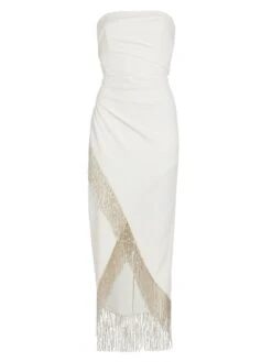 Marchesa Notte Strapless Asymmetric Bead-Trim Dress