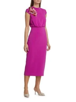 Badgley Mischka Mock Turtleneck Applique Midi-Dress -Cheap Clothing Store 0400017577444 FUCHSIA A1