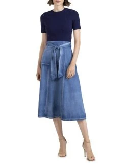 Ashton Mix Media Midi-Dress -Cheap Clothing Store 0400017803936 NAVYDENIM A1