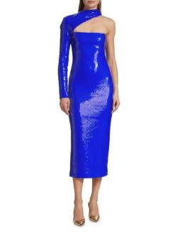 Sequin Asymmetric-Neck Midi-Dress -Cheap Clothing Store 0400018161204 BLUE A1