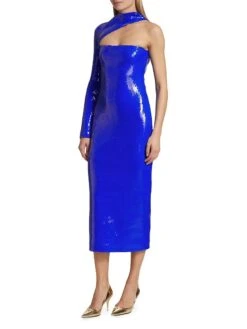 Sequin Asymmetric-Neck Midi-Dress -Cheap Clothing Store 0400018161204 BLUE A2