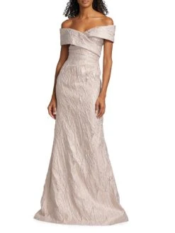 Metallic Jacquard Off-The-Shoulder Gown -Cheap Clothing Store 0400018286147 BLUSHMULTI A1
