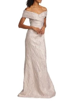 Metallic Jacquard Off-The-Shoulder Gown -Cheap Clothing Store 0400018286147 BLUSHMULTI A2