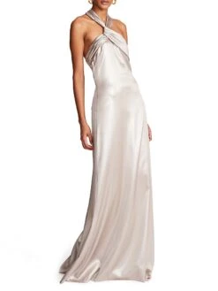 Halston Raelynn Metallic Crepe Halter Gown -Cheap Clothing Store 0400018292339 CHAMPAGNE A1