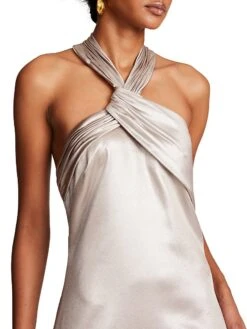 Halston Raelynn Metallic Crepe Halter Gown -Cheap Clothing Store 0400018292339 CHAMPAGNE A3