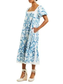 Jasmine Linen-Blend Midi Dress -Cheap Clothing Store 0400018532108 BLUEIVORY A1