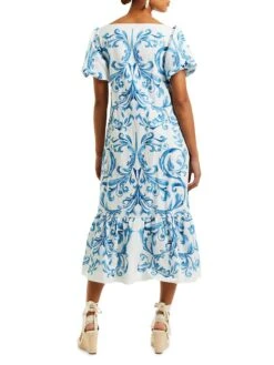 Jasmine Linen-Blend Midi Dress -Cheap Clothing Store 0400018532108 BLUEIVORY A2