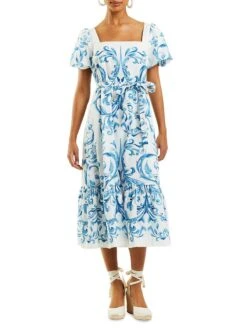 Jasmine Linen-Blend Midi Dress -Cheap Clothing Store 0400018532108 BLUEIVORY A3