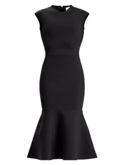 HERVE LEGER Milano Cap-Sleeve Flounce Midi-Dress
