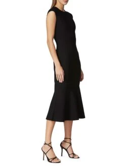 HERVE LEGER Milano Cap-Sleeve Flounce Midi-Dress -Cheap Clothing Store 0400018568932 BLACK A2