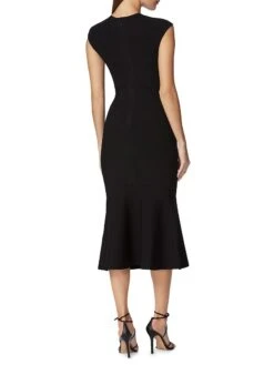 HERVE LEGER Milano Cap-Sleeve Flounce Midi-Dress -Cheap Clothing Store 0400018568932 BLACK A3