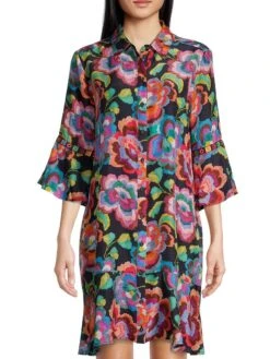 Johnny Was Calanthe Flounce Silk Shirtdress -Cheap Clothing Store 0400018690921 MULTI A1
