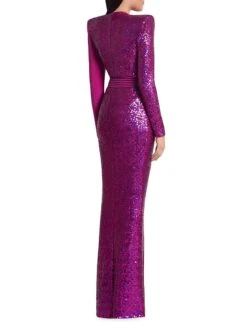 Take Off Sequin Belted Gown -Cheap Clothing Store 0400018913001 MAGENTA A2