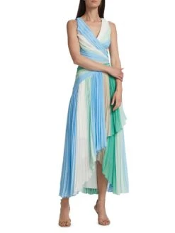 Badgley Mischka Pleated Stripe Surplice Midi-Dress -Cheap Clothing Store 0400018953796 MINTMULTI A1