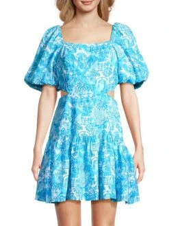 Kylanne Linen Puff-Sleeve Minidress -Cheap Clothing Store 0400018954657 AMALFIBLUE A1