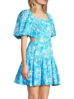 Kylanne Linen Puff-Sleeve Minidress -Cheap Clothing Store 0400018954657 AMALFIBLUE A2