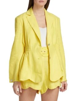 Farm Rio Peplum Linen Blazer -Cheap Clothing Store 0400018998489 BRIGHTYELLOW A1