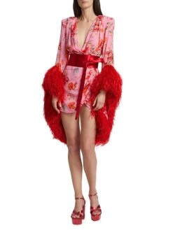 Poppy Feather Bell-Sleeve Minidress 12 Poppy Feather Bell-Sleeve Minidress -Cheap Clothing Store 0400019070137 REDPINKMULTI A1