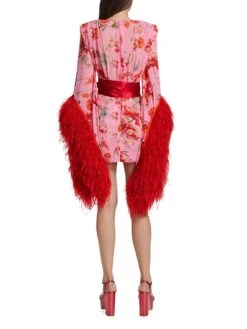 Poppy Feather Bell-Sleeve Minidress 14 Poppy Feather Bell-Sleeve Minidress -Cheap Clothing Store 0400019070137 REDPINKMULTI A3