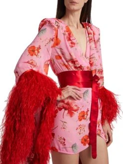 Poppy Feather Bell-Sleeve Minidress 16 Poppy Feather Bell-Sleeve Minidress -Cheap Clothing Store 0400019070137 REDPINKMULTI A5