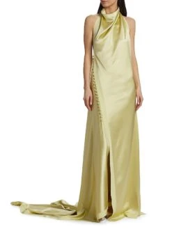 Sasha Satin Button-Detail Gown -Cheap Clothing Store 0400019124121 HONEYDEW A1