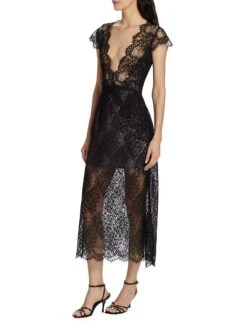 Lace Plunge Midi-Dress -Cheap Clothing Store 0400019346539 BLACK A1