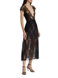 Lace Plunge Midi-Dress -Cheap Clothing Store 0400019346539 BLACK A2
