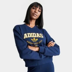 Women's Adidas College Graphic V-Neck Sweatshirt Dark Blue - IL2414 415