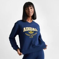 Women's Adidas College Graphic V-Neck Sweatshirt Dark Blue - IL2414 415 -Cheap Clothing Store IL2414 415 M3