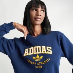 Women's Adidas College Graphic V-Neck Sweatshirt Dark Blue - IL2414 415 -Cheap Clothing Store IL2414 415 M5