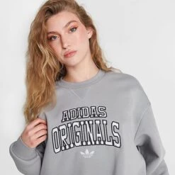 Women's Adidas Originals BF Varsity Crewneck Sweatshirt Solid Grey - IN7108 020 -Cheap Clothing Store IN7108 020 M5